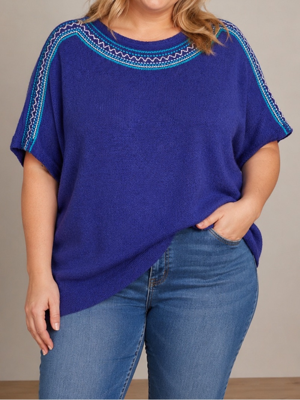 Penningtons 100% Cotton Embroidered Boho Knit Blue Short Sleeve 2X Top